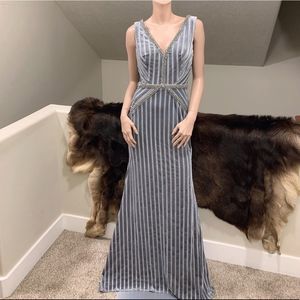 Elegant V-Neck Striped Velvet Beaded Evening Dress